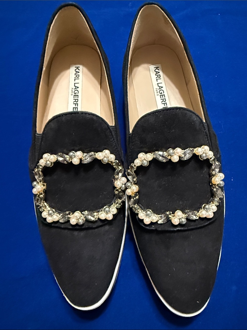 Karl Lagerfeld Black Suede Loafers with Pearl & Crystal Buckle